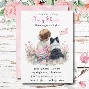 Meisjes roze babyshower hond thema kaart