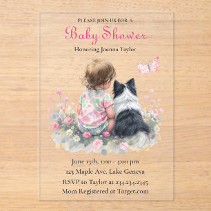 Meisjes roze babyshower honden thema acryl uitnodigingen