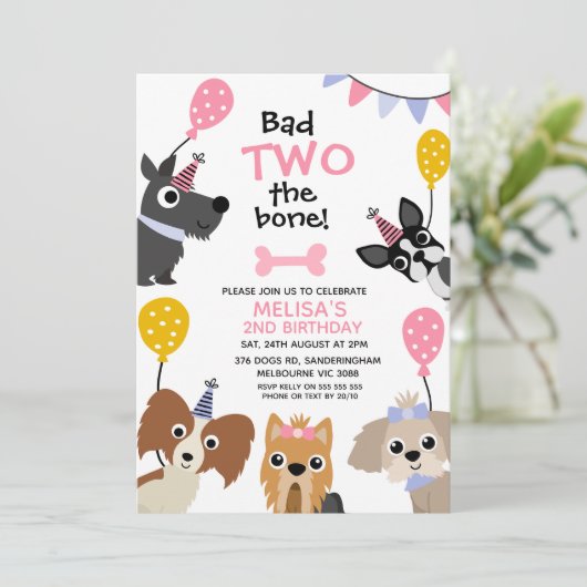 Meisjes Roze Ballon Slecht tot het bot 2e verjaard Kaart (Staand voorkant)