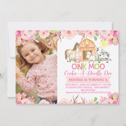 Meisjes Roze Barnyard Foto uitnodiging verjaardag (Voorkant)