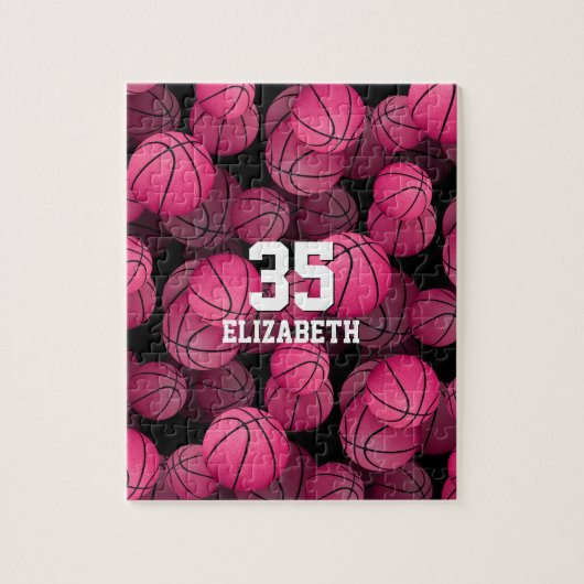 Meisjes roze basketballen patroon gepersonaliseerd legpuzzel (Verticaal)