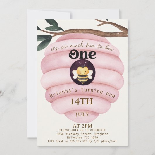 Meisjes Roze Bijenkorf Thema 1e Verjaardag Kaart (Voorkant)