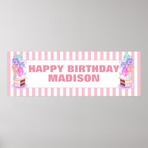 Meisjes Roze Birthday Cake en Ballon Persoonlijk Poster