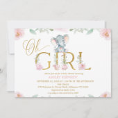 Meisjes Roze Bloemen Olifant Baby shower Uitnodigi Kaart (Voorkant)
