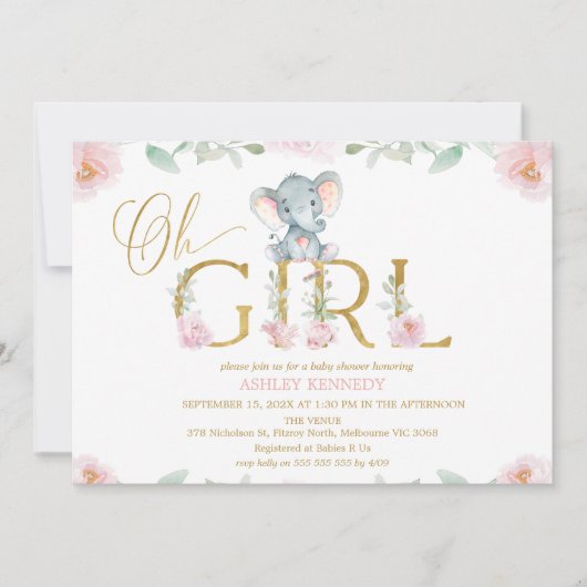 Meisjes Roze Bloemen Olifant Baby shower Uitnodigi Kaart (Voorkant)