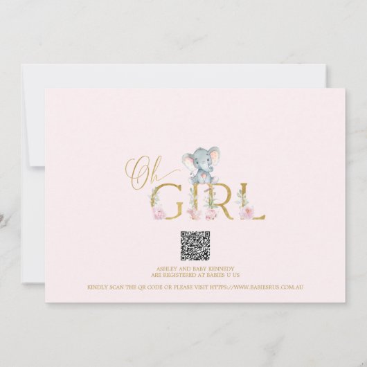 Meisjes Roze Bloemen Olifant Baby shower Uitnodigi Kaart (Achterkant)