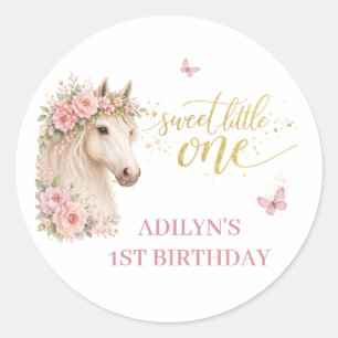 Meisjes Roze Bloemen Paard 1e Verjaardag Ronde Sticker