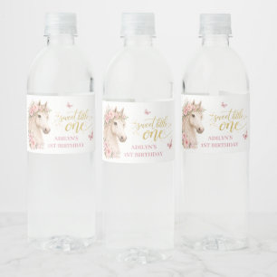 Meisjes Roze Bloemen Paard 1e Verjaardag Waterfles Etiket