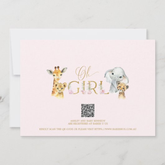 Meisjes Roze Bloemen Safari Baby shower Uitnodigin Kaart (Achterkant)