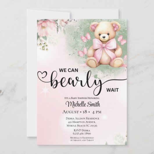 Meisjes Roze Blush Bloemen Teddybeer Baby shower Kaart (Voorkant)