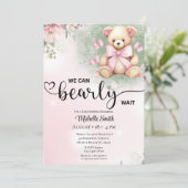 Meisjes Roze Blush Bloemen Teddybeer Baby shower Kaart (Staand voorkant)