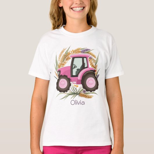 Meisjes Roze Boerderij Tractor Gepersonaliseerde G T-shirt (Voorkant)