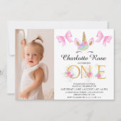 Meisjes Roze Bogen Bloemen Eenhoorn 1e verjaardag Kaart (Voorkant)