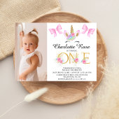 Meisjes Roze Bogen Bloemen Eenhoorn 1e verjaardag Kaart