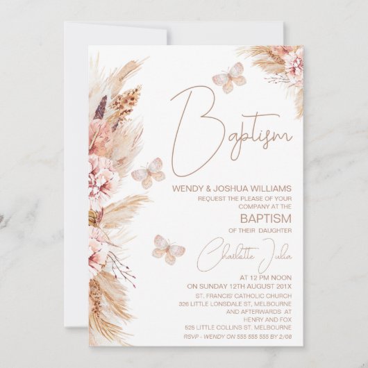 Meisjes roze boho bloemvlinders doop kaart (Voorkant)