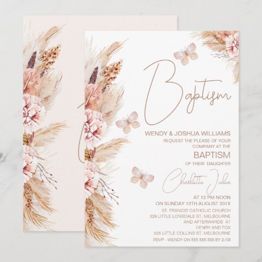 Meisjes roze boho bloemvlinders doop kaart (Voorkant / Achterkant)