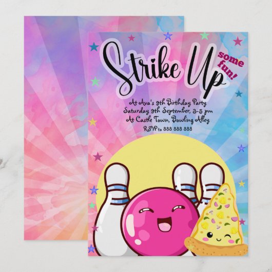 Meisjes Roze Bowling Tie Dye Feest Kaart (Voorkant / Achterkant)