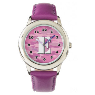 Meisjes roze camo horloge met gepersonaliseerd mon