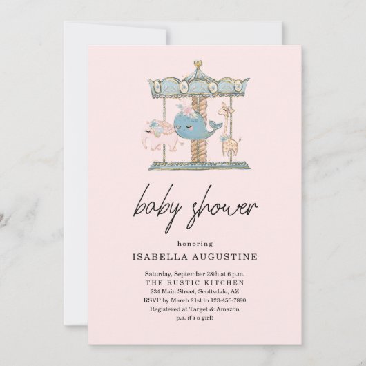 Meisjes Roze Carrousel Baby Shower Uitnodiging (Voorkant)