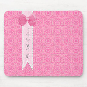 Meisjes roze Damask Pattern Cute Bow met naam Muismat
