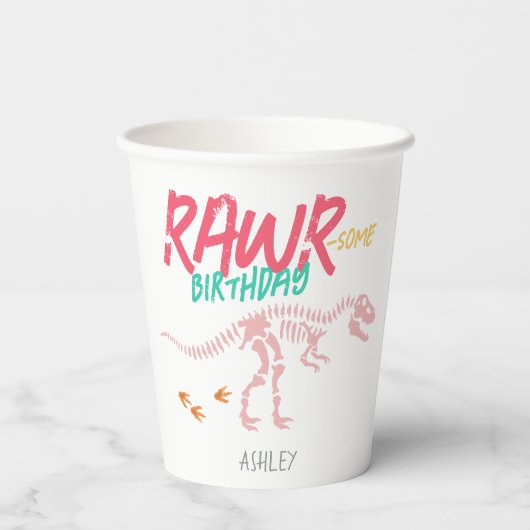 Meisjes Roze Dinosaurus Graaf Kinder Leuke Verjaar Papieren Bekers (Achterkant)