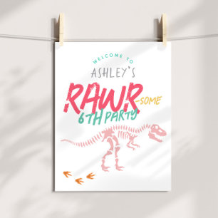 Meisjes Roze Dinosaurus Kinderen Verjaardag Welkom Perfect Poster