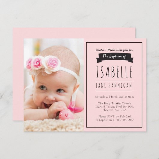 Meisjes Roze doopuitnodiging, doop Uitnodiging Briefkaart (Voorkant / Achterkant)