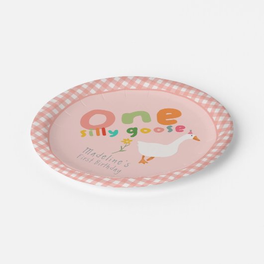 Meisjes Roze Een Gekke Gans Eerste Verjaardag Papieren Bordje (Gekanteld)