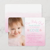 Meisjes Roze en Blauwgroen Blauw Eerste Verjaardag Kaart (Voorkant / Achterkant)