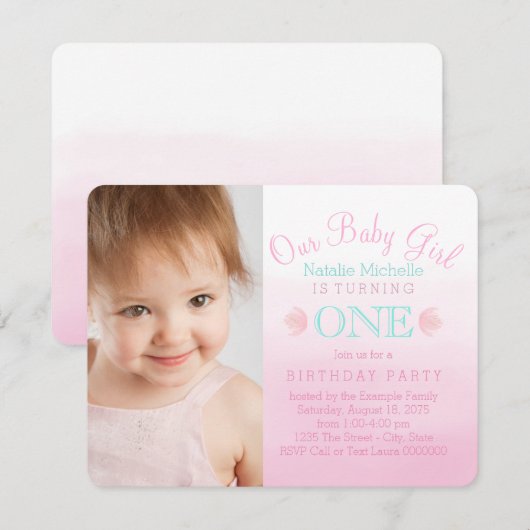 Meisjes Roze en Blauwgroen Blauw Eerste Verjaardag Kaart (Voorkant / Achterkant)