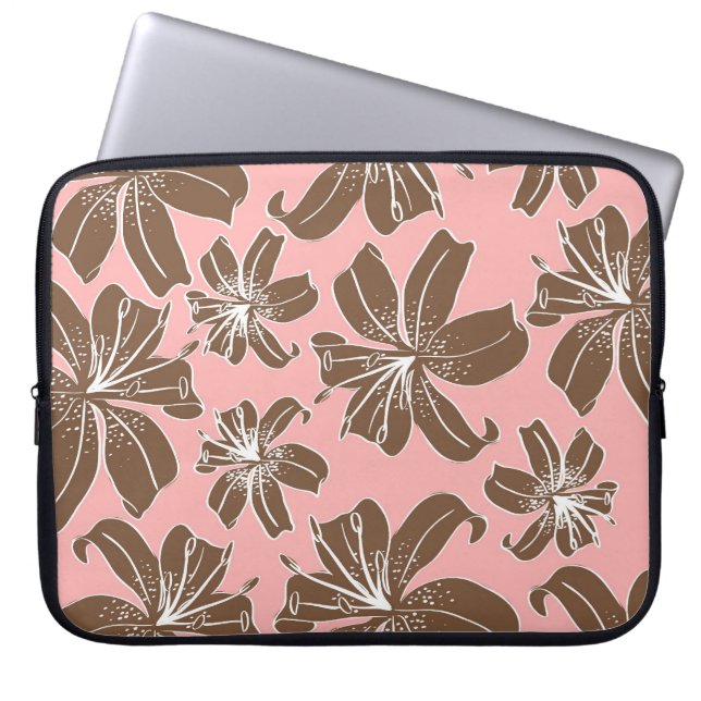 Meisjes  roze en bruine Floral Print Line Art Laptop Sleeve (Voorkant)