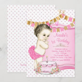 Meisjes roze en goud 1e verjaardag kaart (Voorkant / Achterkant)