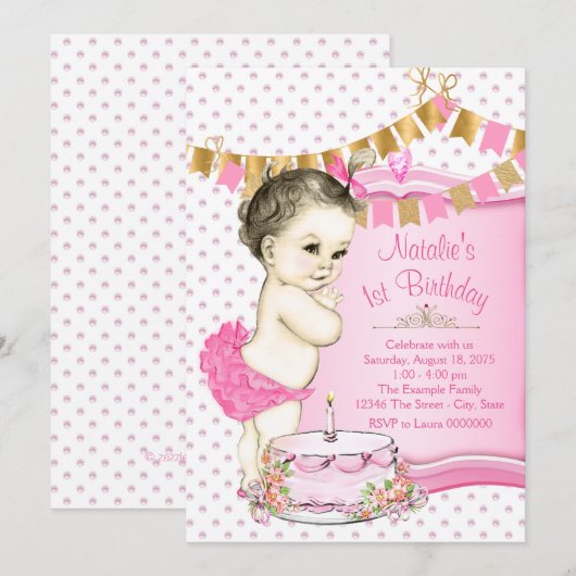 Meisjes roze en goud 1e verjaardag kaart (Voorkant / Achterkant)