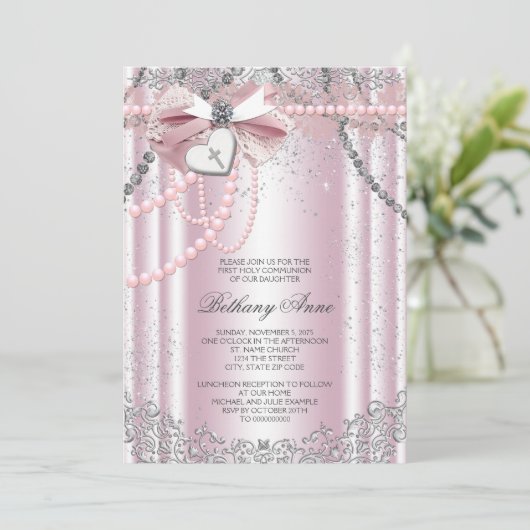 Meisjes Roze en Grijze Parel Eerste Communie Kaart (Staand voorkant)