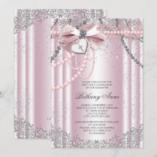 Meisjes Roze en Grijze Parel Eerste Communie Kaart (Voorkant / Achterkant)
