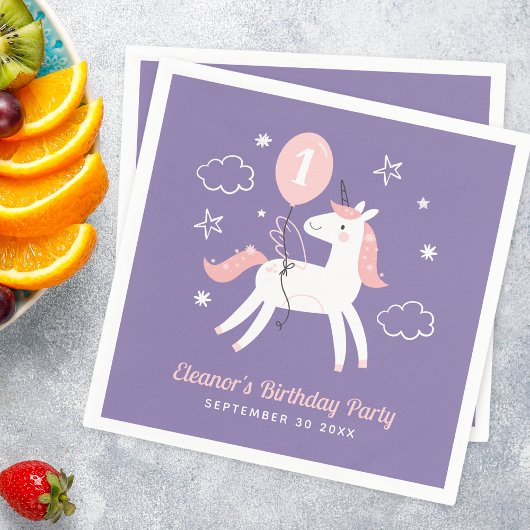 Meisjes Roze en Paarse Eenhoorn Verjaardag Servet