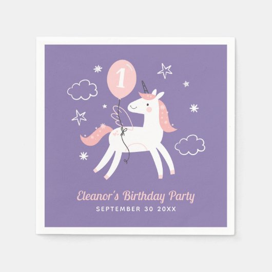 Meisjes Roze en Paarse Eenhoorn Verjaardag Servet (Voorkant)
