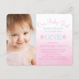 Meisjes Roze en Turkoois Blauwe Eerste Verjaardags Kaart