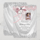 Meisjes Roze en Wit Satijn Foto Eerste Communie Kaart (Voorkant / Achterkant)
