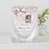 Meisjes Roze en Wit Satijn Foto Eerste Communie Kaart (Staand voorkant)