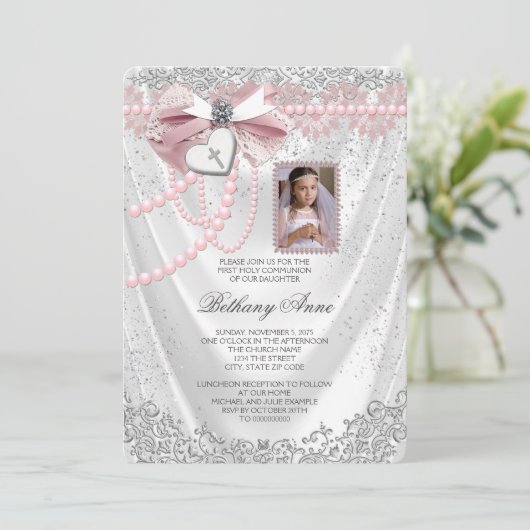Meisjes Roze en Wit Satijn Foto Eerste Communie Kaart (Staand voorkant)