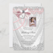 Meisjes Roze en Wit Satijn Foto Eerste Communie Kaart (Voorkant)