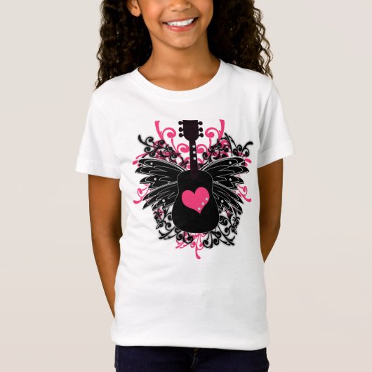 Meisjes Roze en Zwarte gitaar met Angel Wings T-shirt (Voorkant)