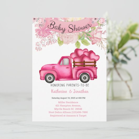 Meisjes Roze Floral Truckload Hearts Baby shower Kaart (Staand voorkant)