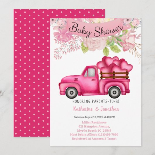 Meisjes Roze Floral Truckload Hearts Baby shower Kaart (Voorkant / Achterkant)