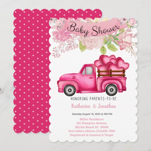 Meisjes Roze Floral Truckload Hearts Baby shower Kaart (Voorkant / Achterkant)