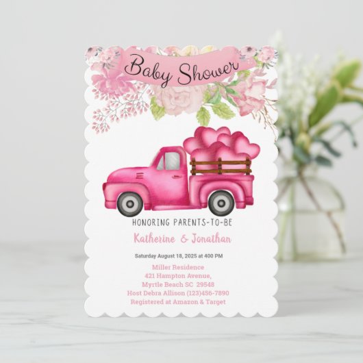 Meisjes Roze Floral Truckload Hearts Baby shower Kaart (Staand voorkant)