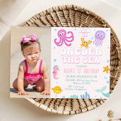 Meisjes Roze Foto Oneder het Zee 1e Verjaardag Kaart