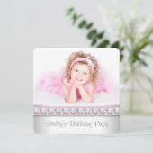 Meisjes Roze Foto Verjaardagsfeest Kaart (Staand voorkant)