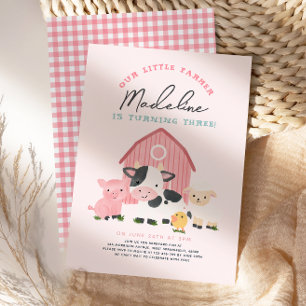 Meisjes Roze Gingham Boerderij Barnyard 3e Verjaar Kaart